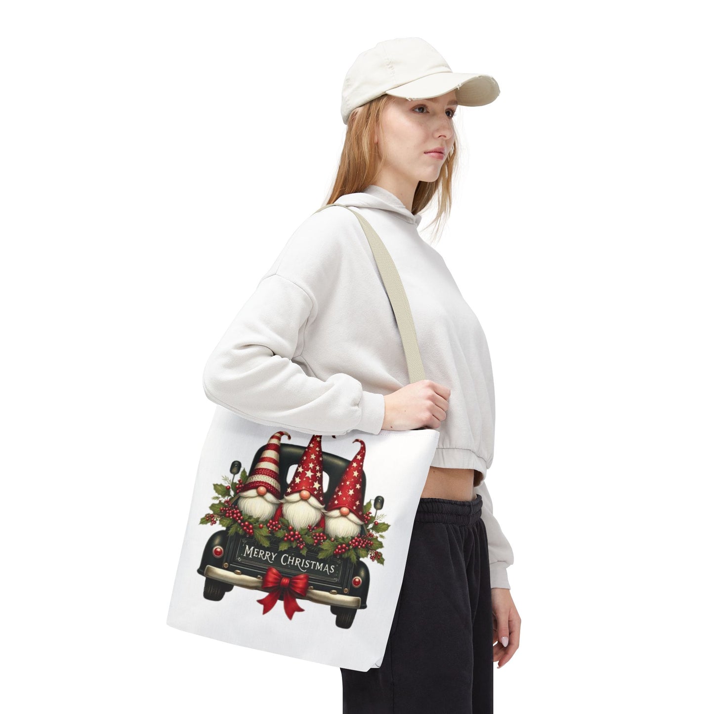 3 Christmas Gnomes in Truck Tote Bag, Fun Holiday Gift