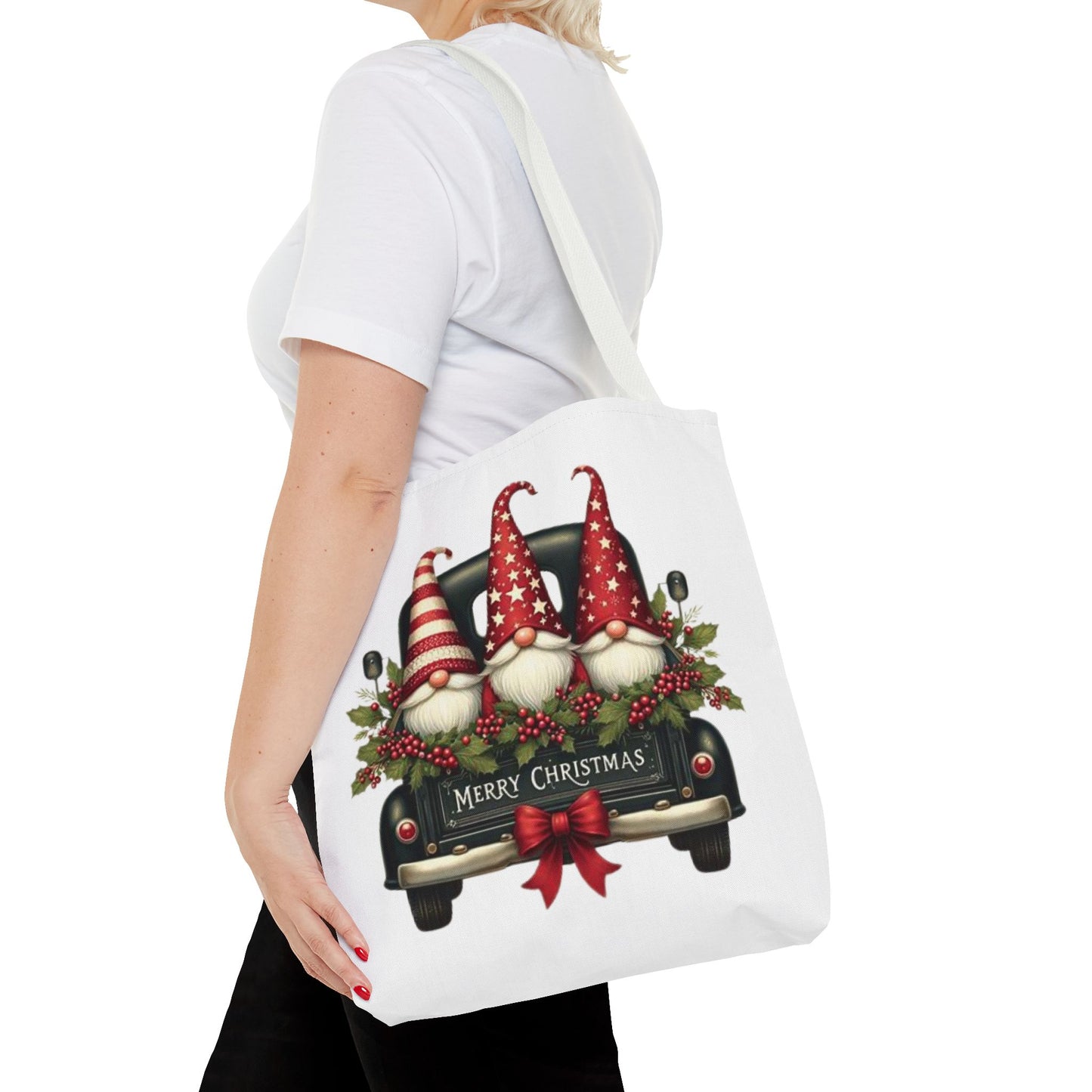 3 Christmas Gnomes in Truck Tote Bag, Fun Holiday Gift