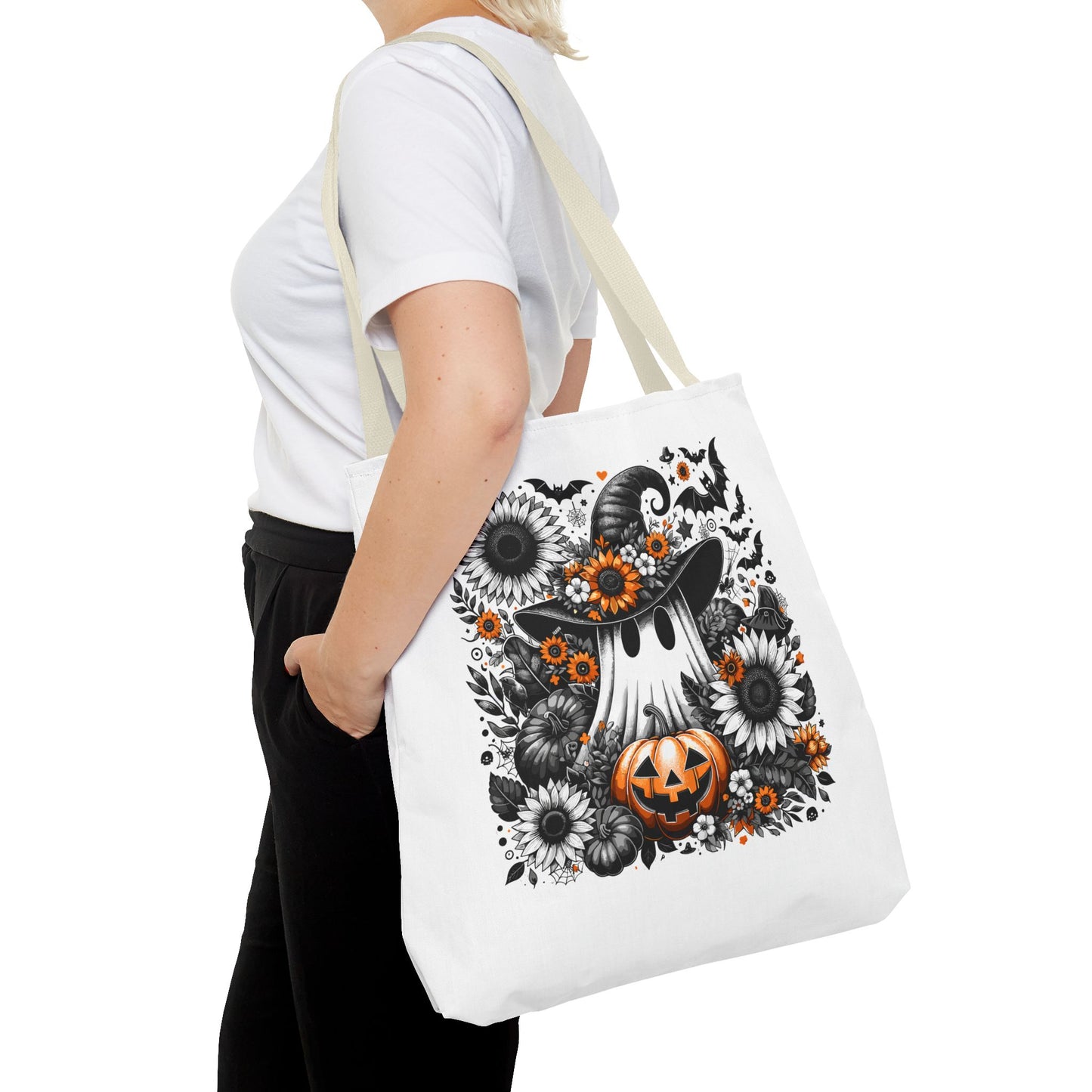 Whimsical Halloween Tote Bag, Pumpkin Ghost Design,