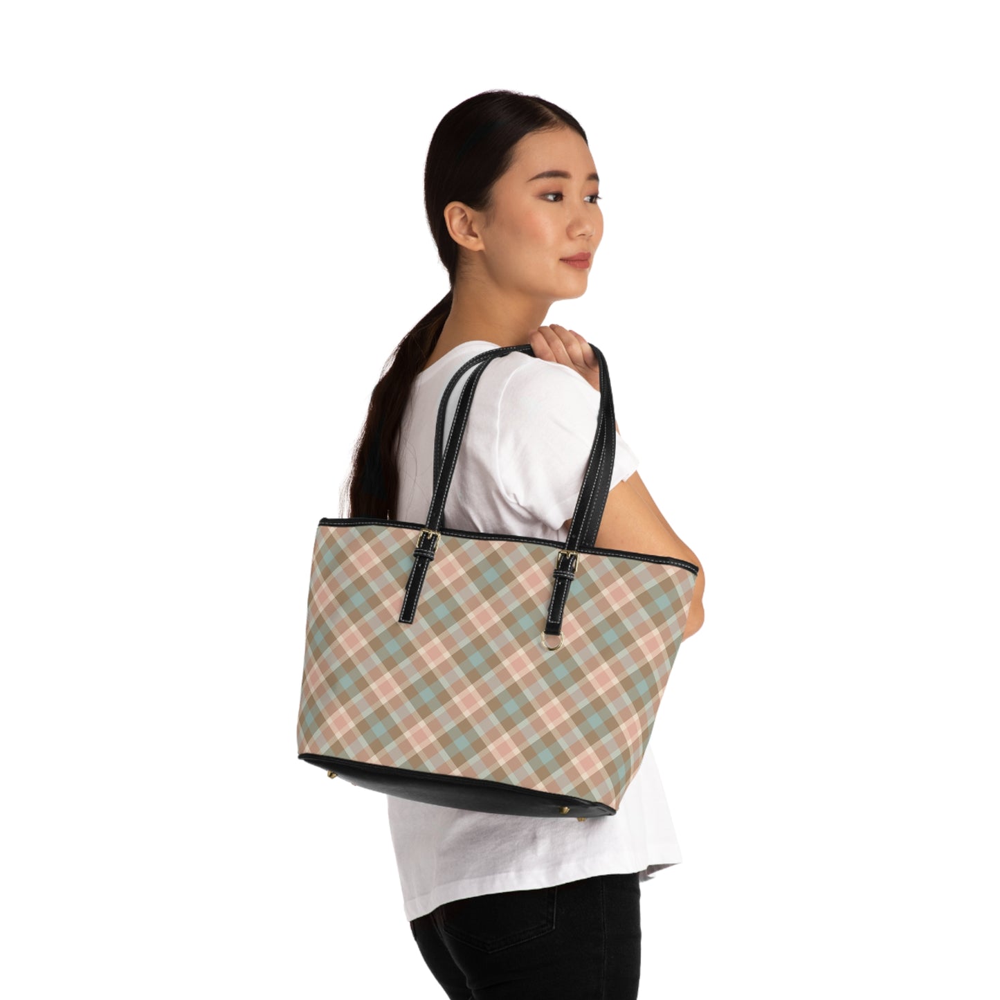 Neutral Tan & Aqua Plaid Shoulder Bag