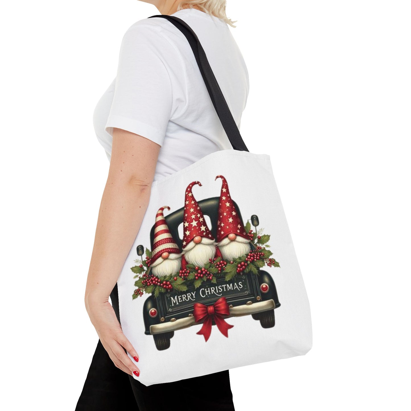 3 Christmas Gnomes in Truck Tote Bag, Fun Holiday Gift