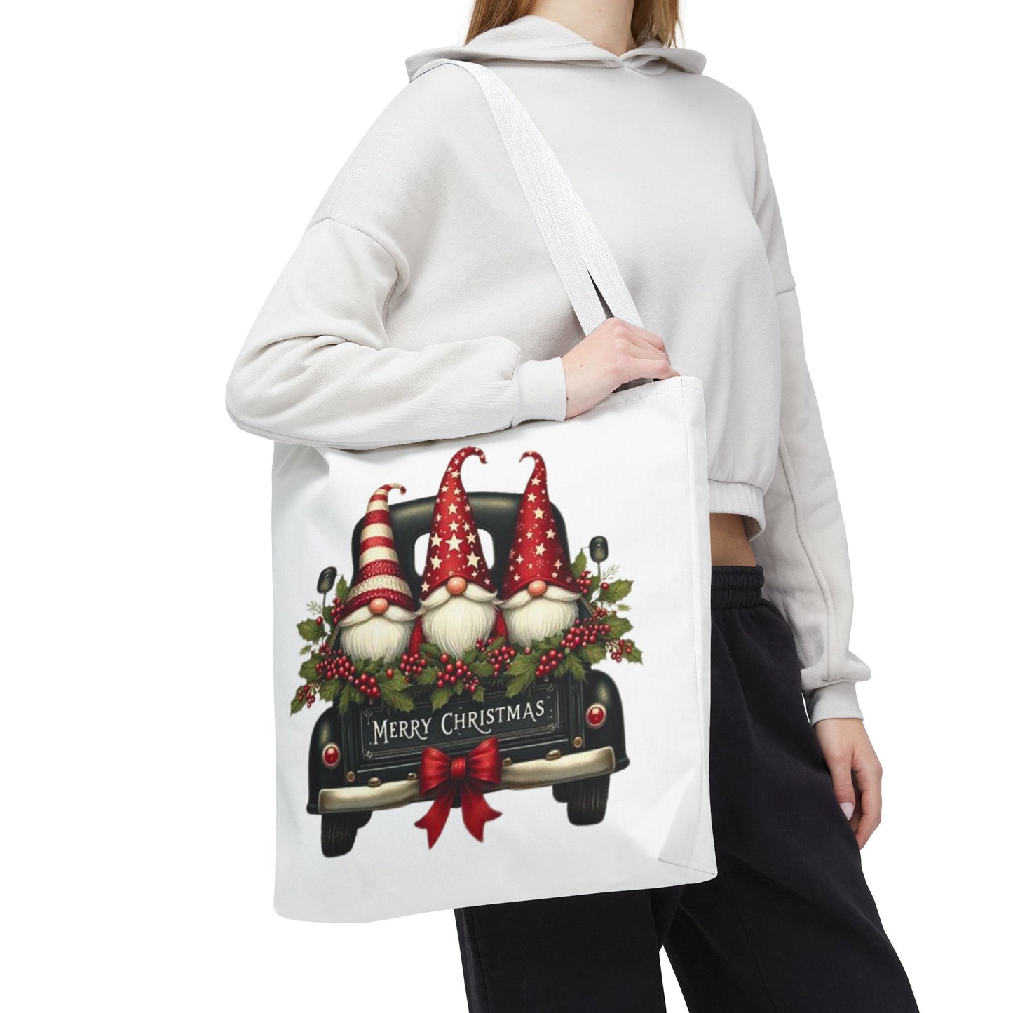 3 Christmas Gnomes in Truck Tote Bag, Fun Holiday Gift