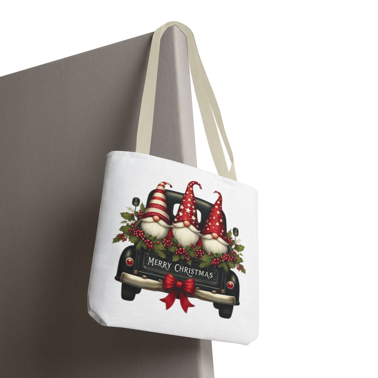3 Christmas Gnomes in Truck Tote Bag, Fun Holiday Gift