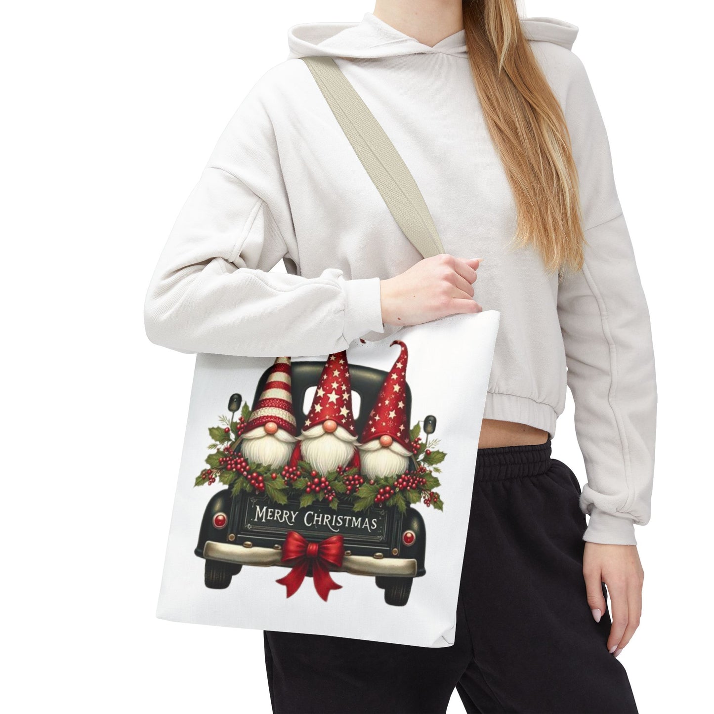 3 Christmas Gnomes in Truck Tote Bag, Fun Holiday Gift