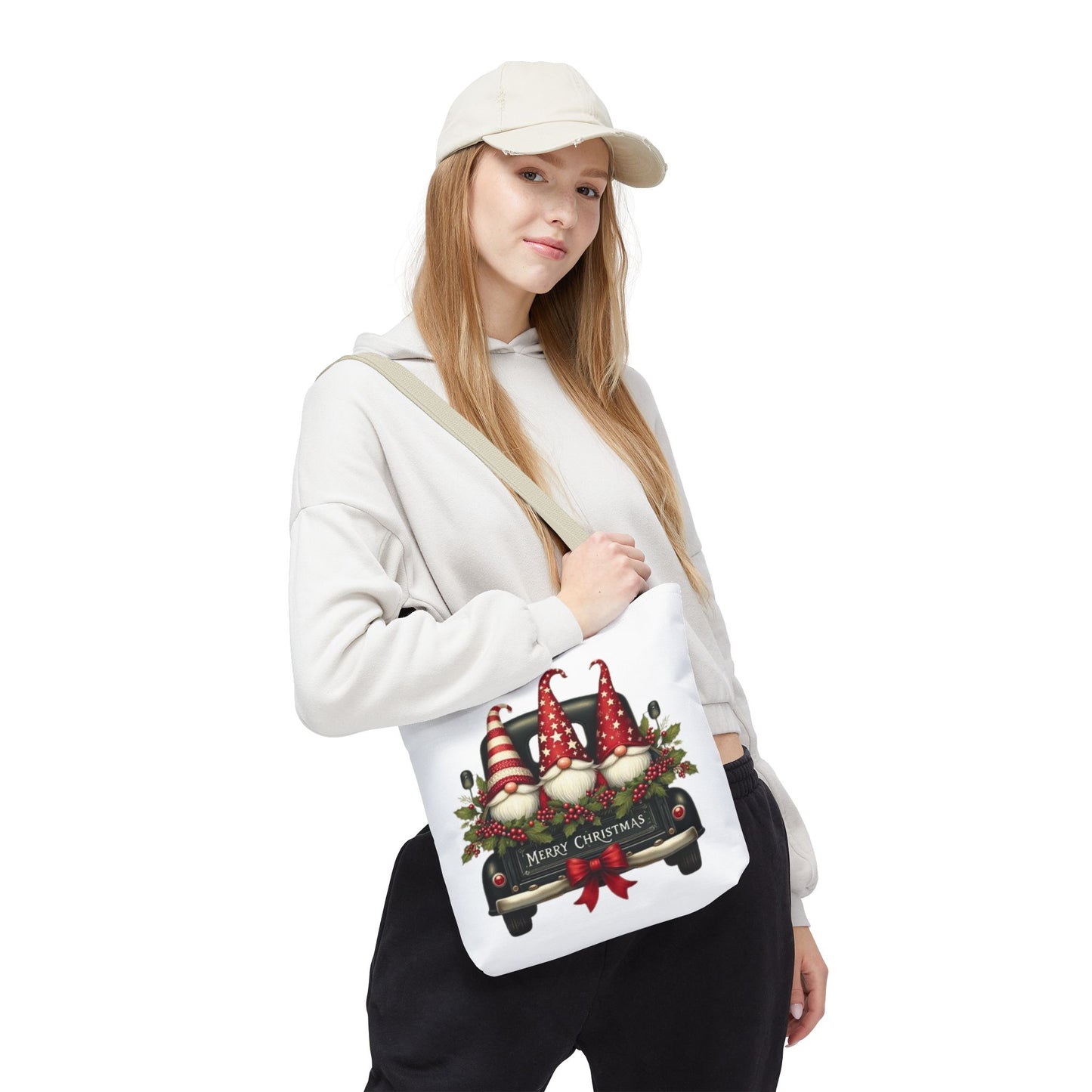 3 Christmas Gnomes in Truck Tote Bag, Fun Holiday Gift