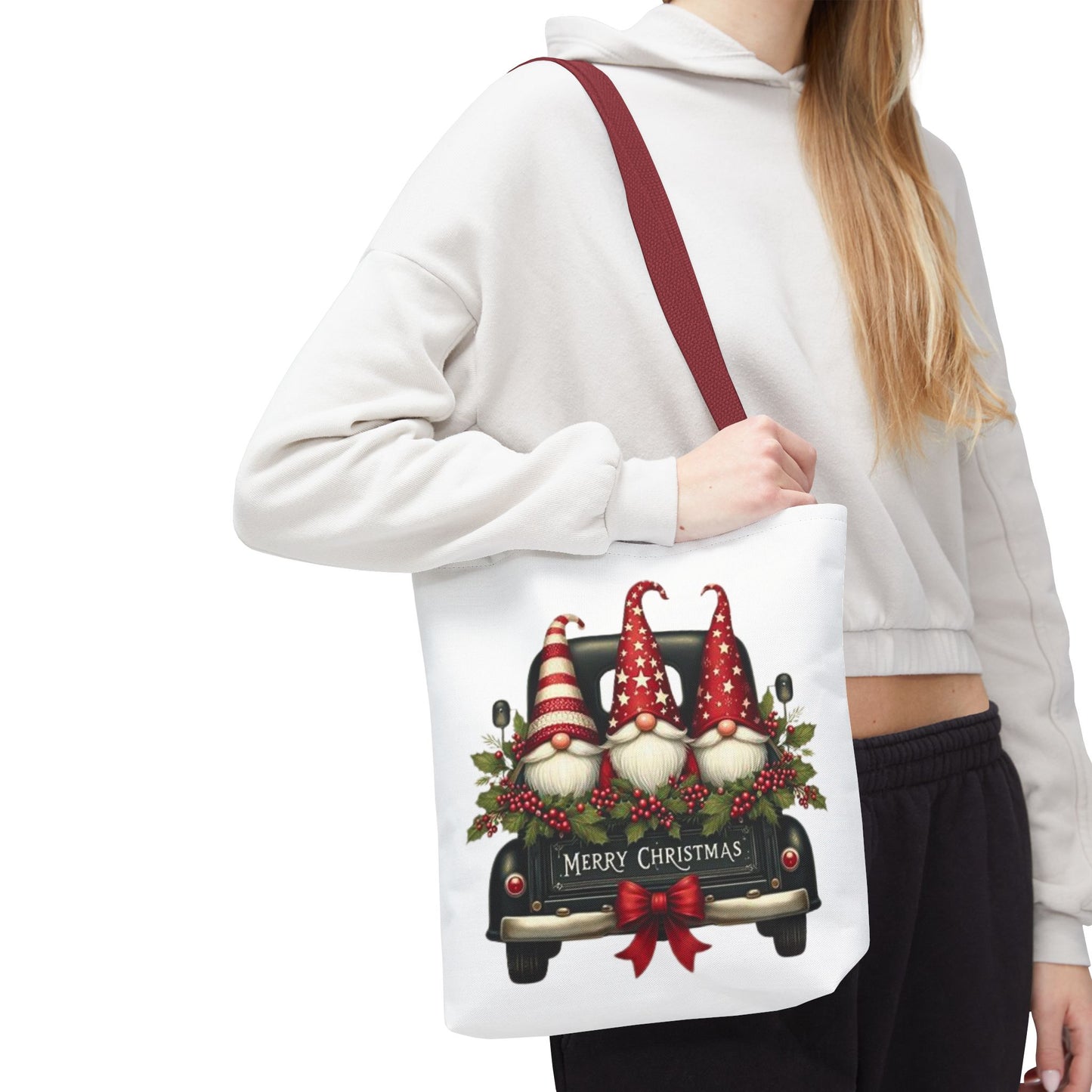 3 Christmas Gnomes in Truck Tote Bag, Fun Holiday Gift