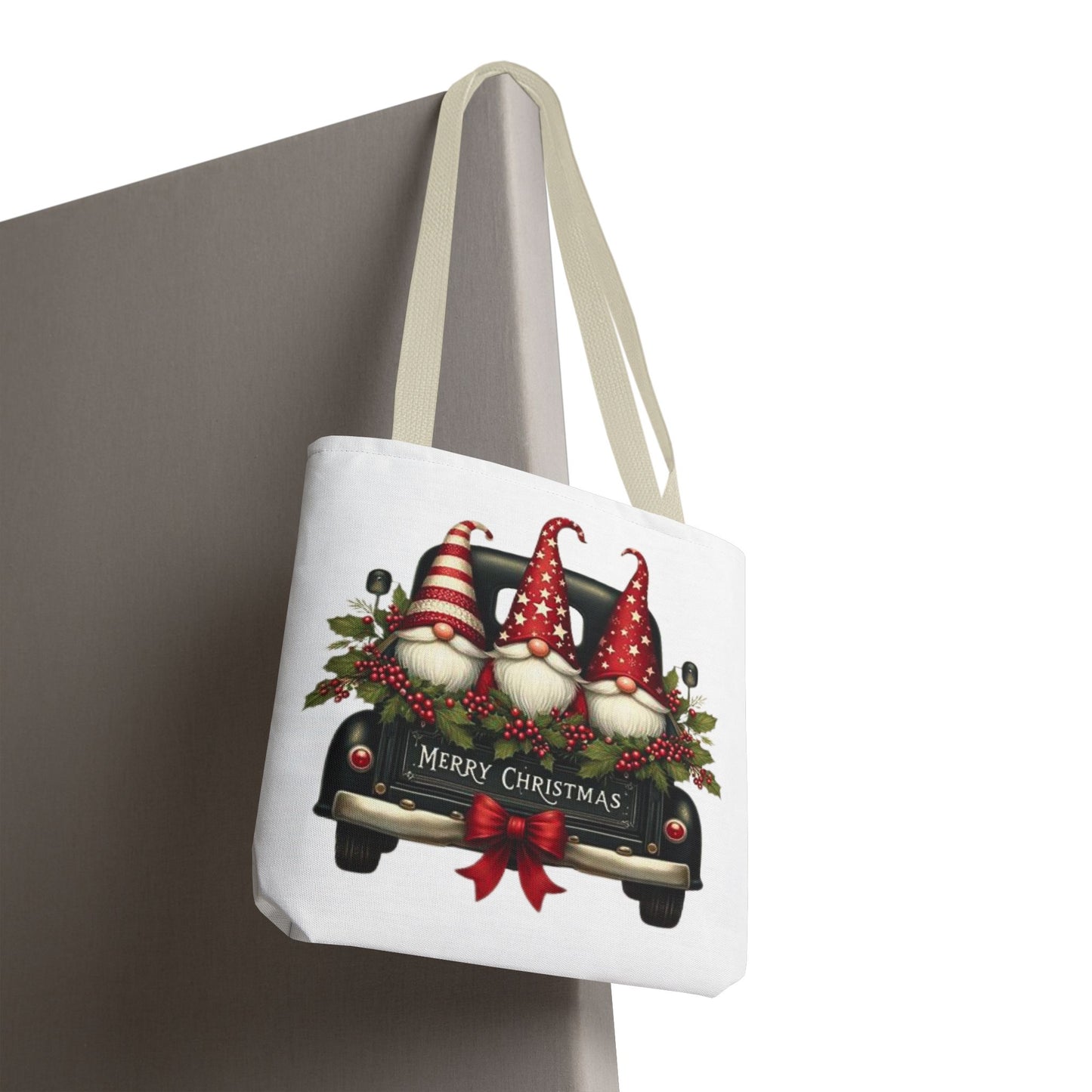 3 Christmas Gnomes in Truck Tote Bag, Fun Holiday Gift