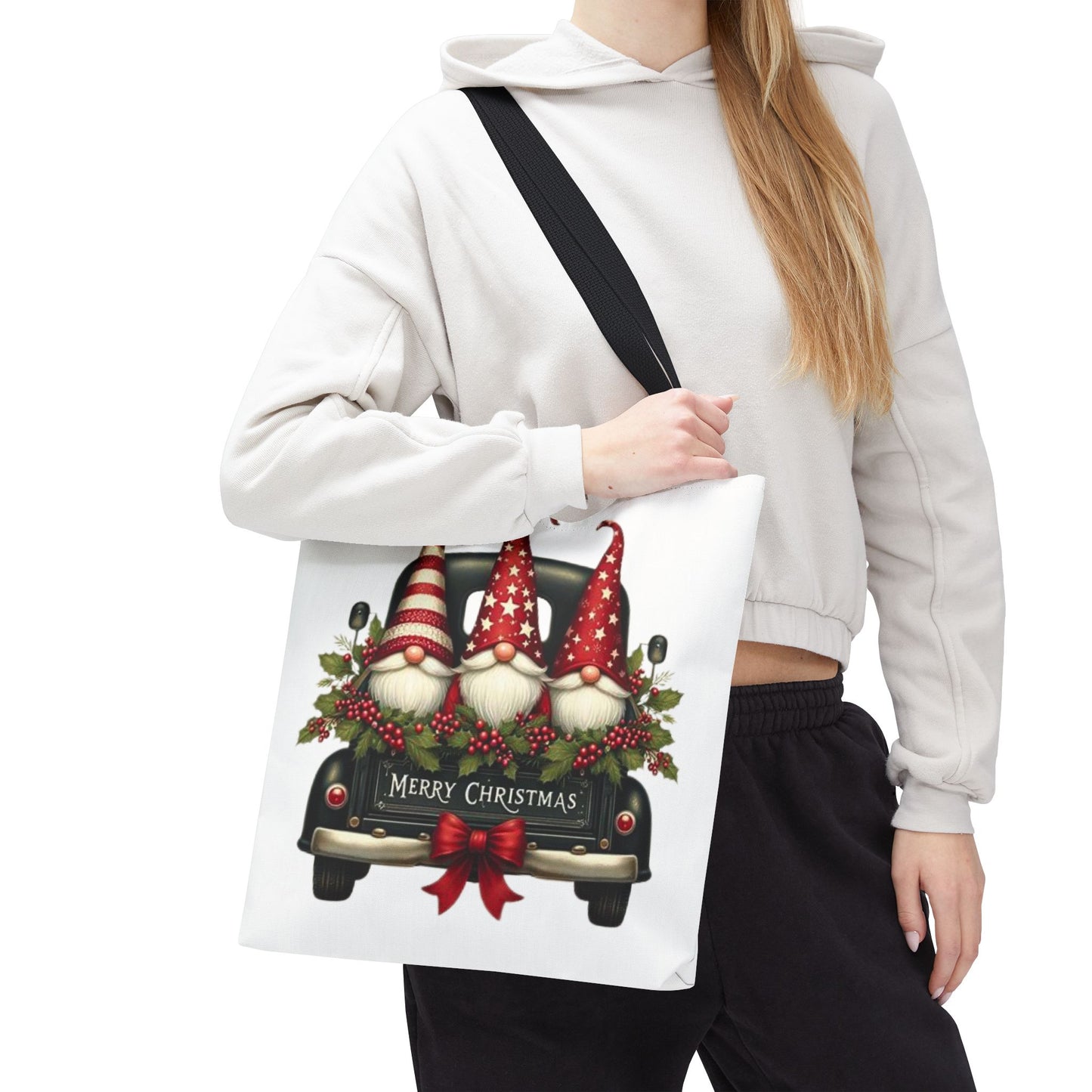 3 Christmas Gnomes in Truck Tote Bag, Fun Holiday Gift