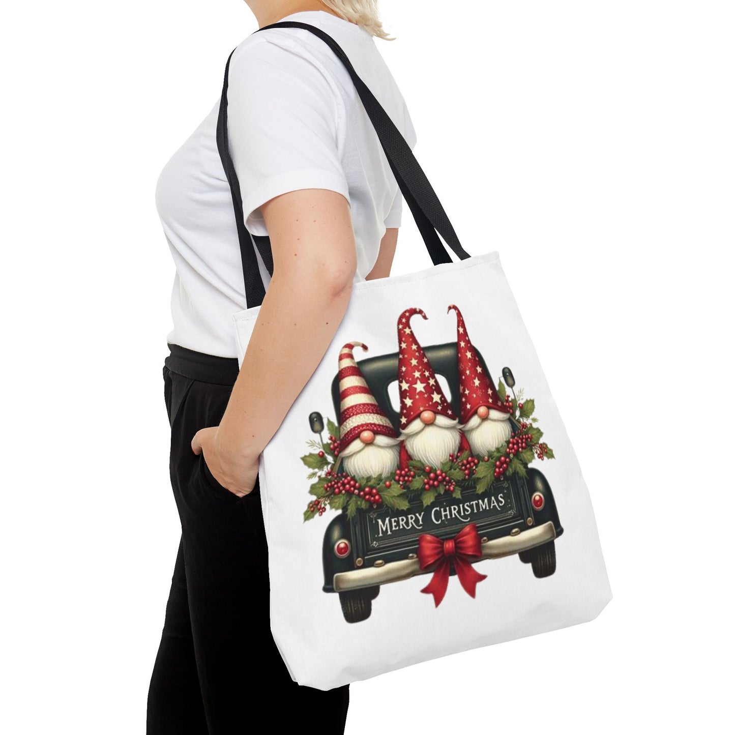 3 Christmas Gnomes in Truck Tote Bag, Fun Holiday Gift