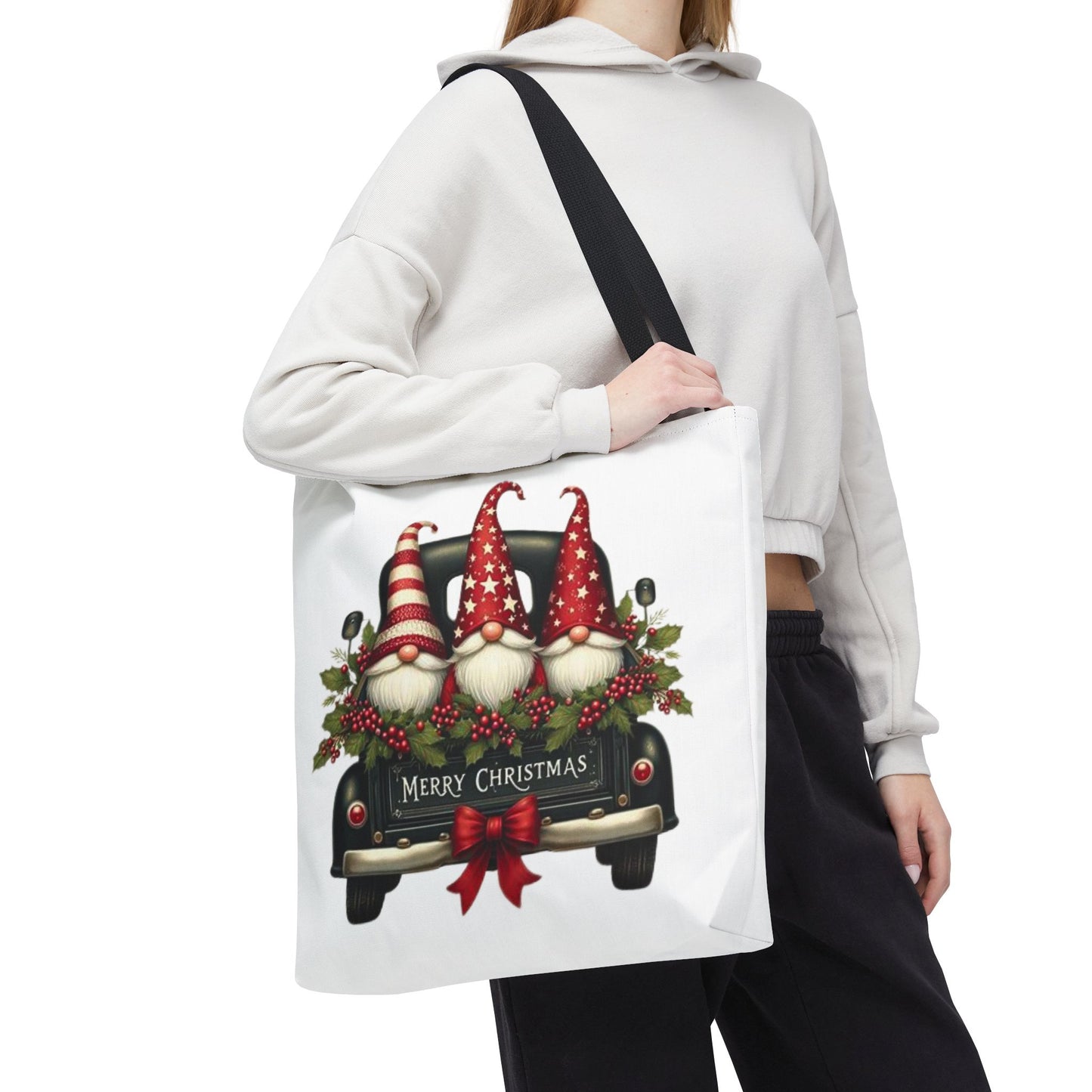 3 Christmas Gnomes in Truck Tote Bag, Fun Holiday Gift