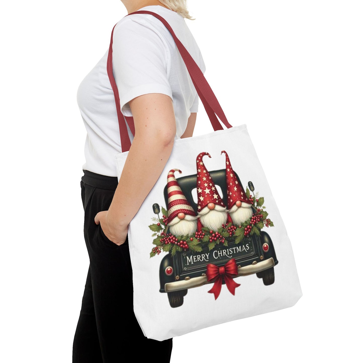 3 Christmas Gnomes in Truck Tote Bag, Fun Holiday Gift