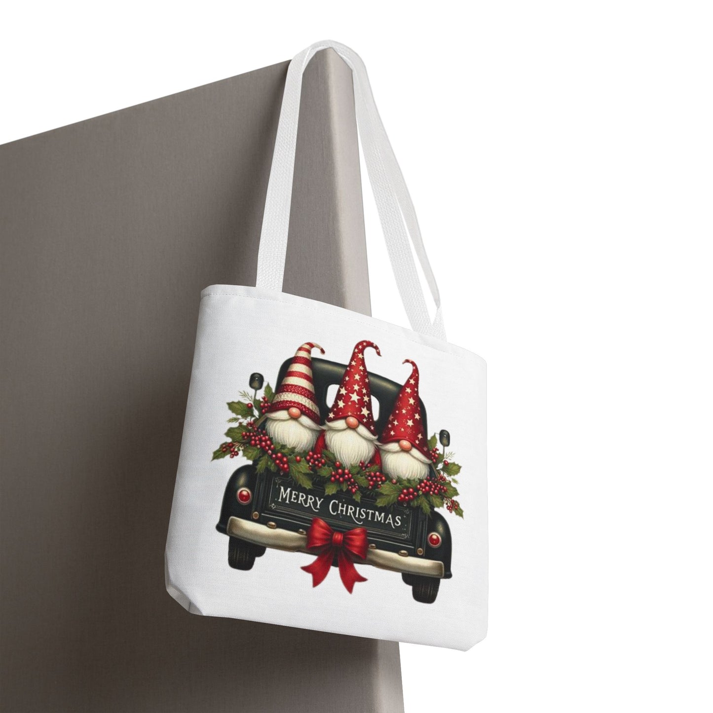 3 Christmas Gnomes in Truck Tote Bag, Fun Holiday Gift