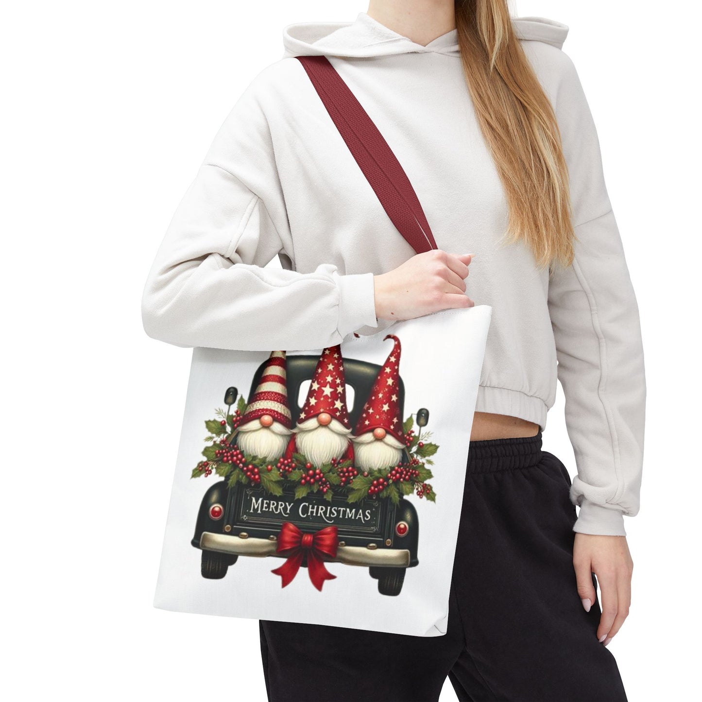 3 Christmas Gnomes in Truck Tote Bag, Fun Holiday Gift