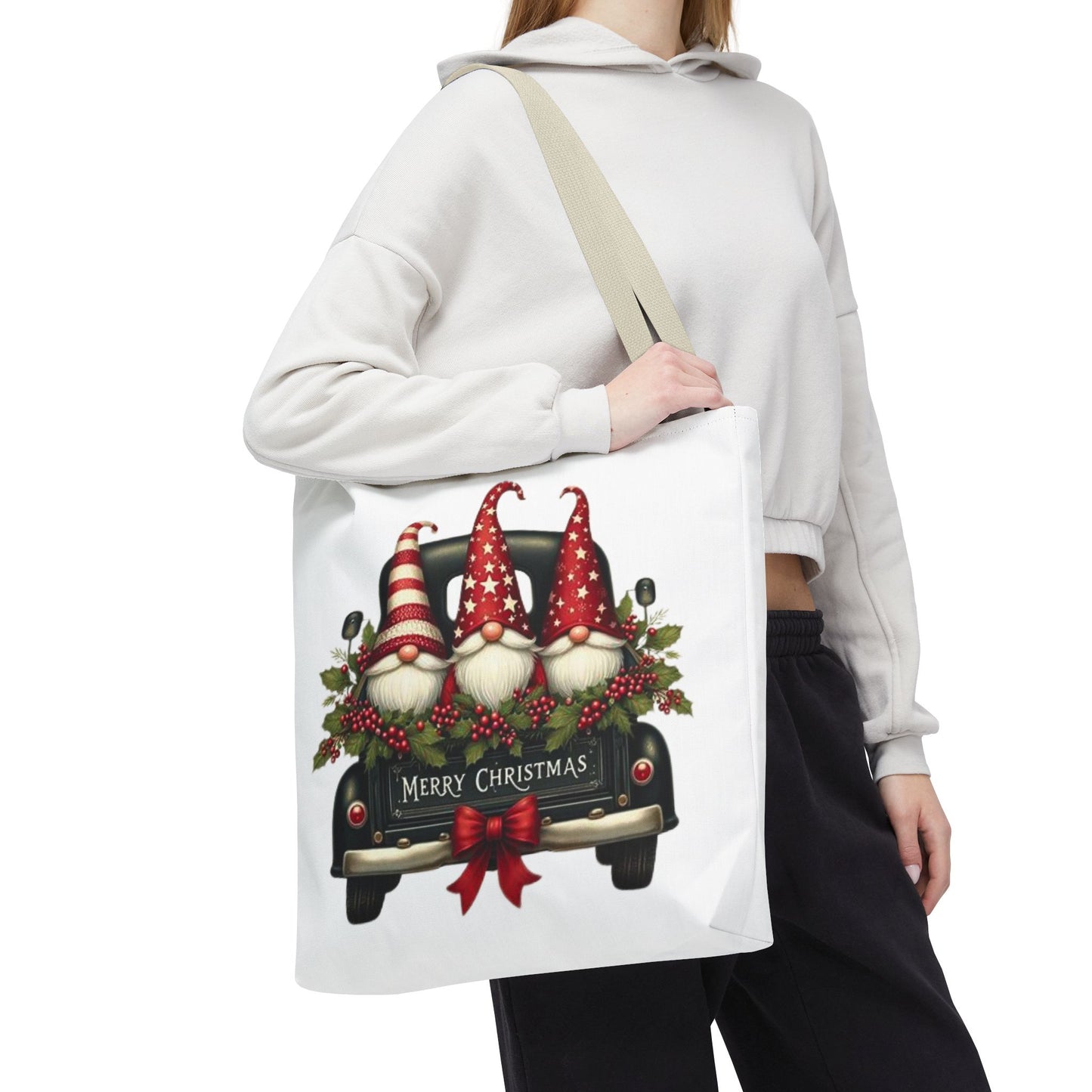 3 Christmas Gnomes in Truck Tote Bag, Fun Holiday Gift
