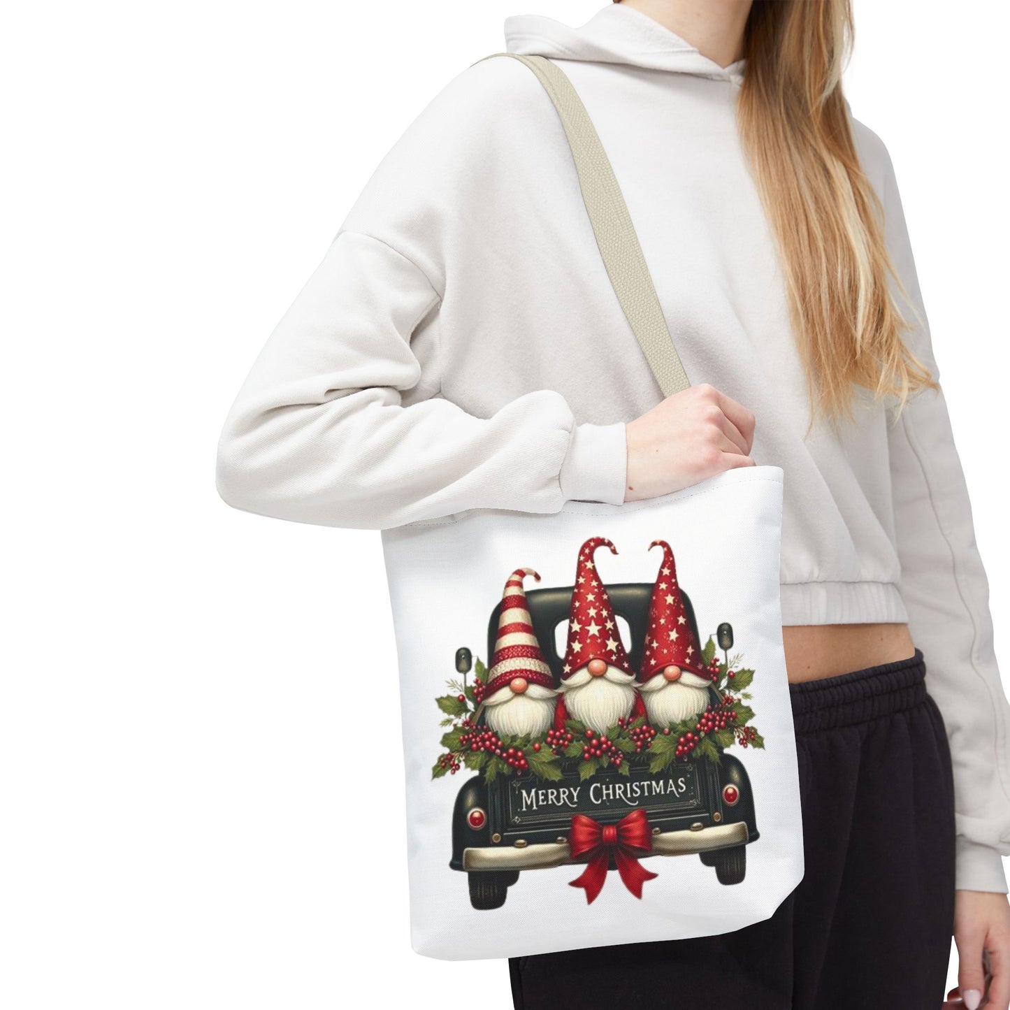 3 Christmas Gnomes in Truck Tote Bag, Fun Holiday Gift