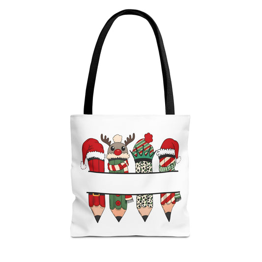 Festive Pencil Reindeer Tote Bag, Holiday Shopping Bag, Christmas Gift Tote, Teacher Appreciation, Winter Decor, Eco-Friendly Bag