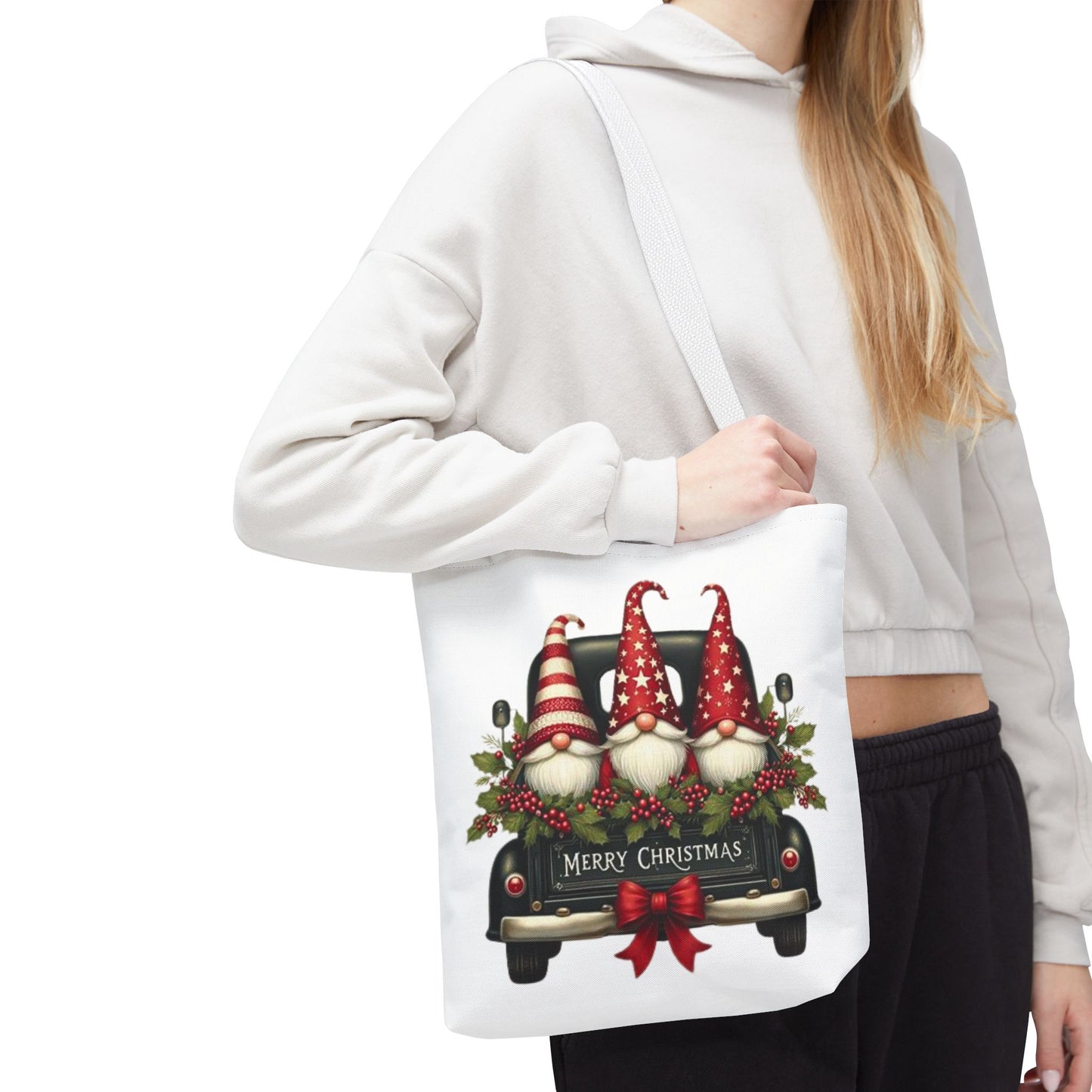 3 Christmas Gnomes in Truck Tote Bag, Fun Holiday Gift