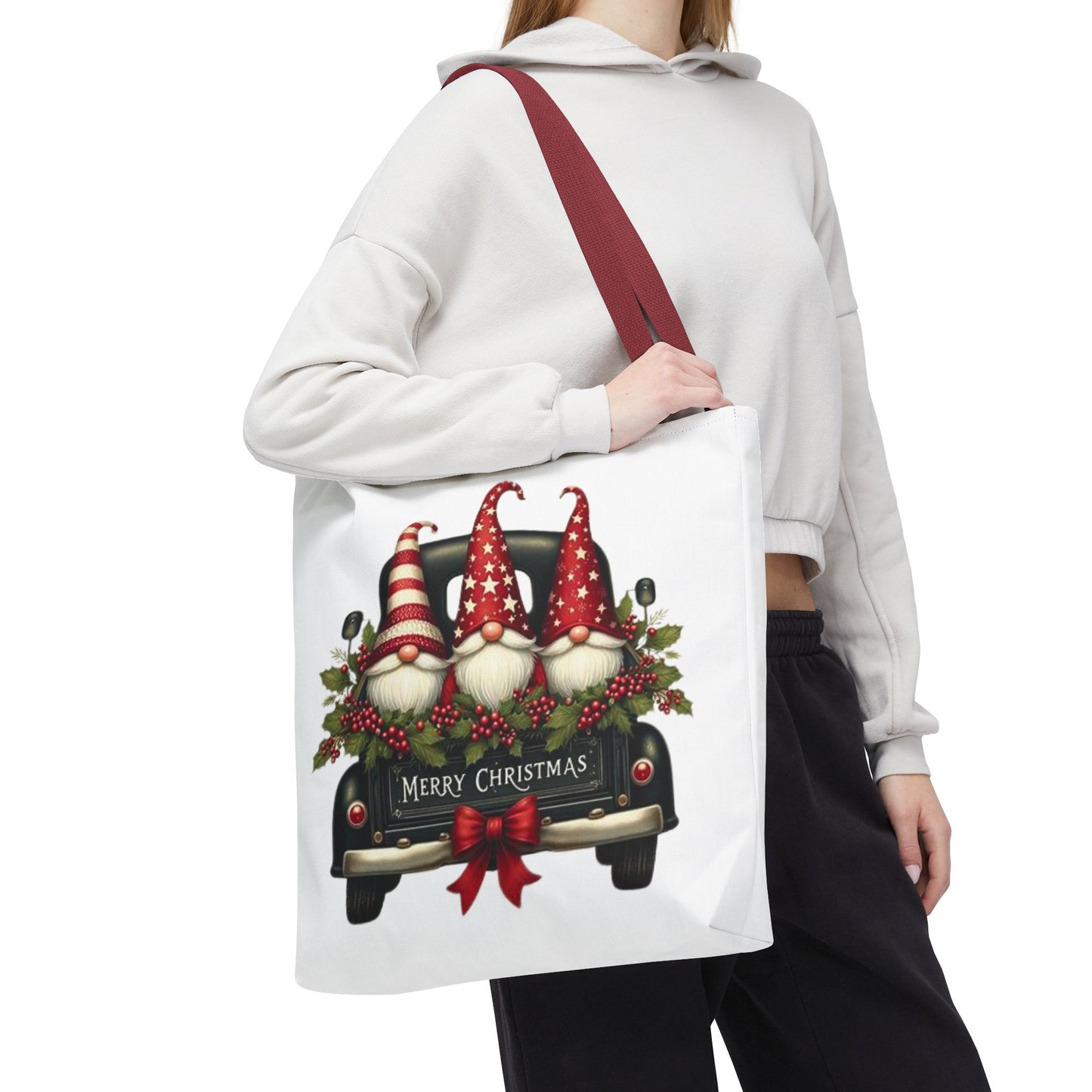 3 Christmas Gnomes in Truck Tote Bag, Fun Holiday Gift
