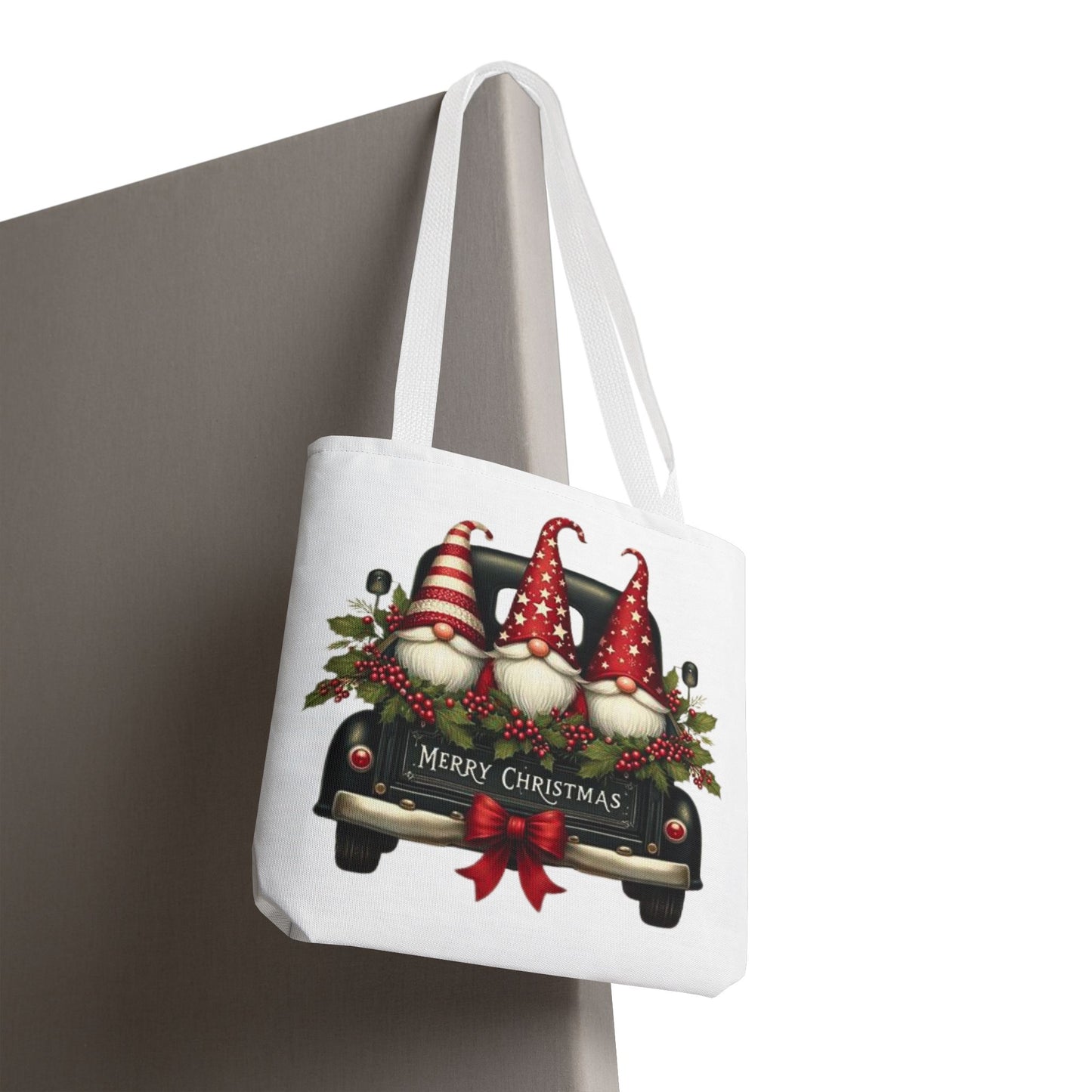 3 Christmas Gnomes in Truck Tote Bag, Fun Holiday Gift