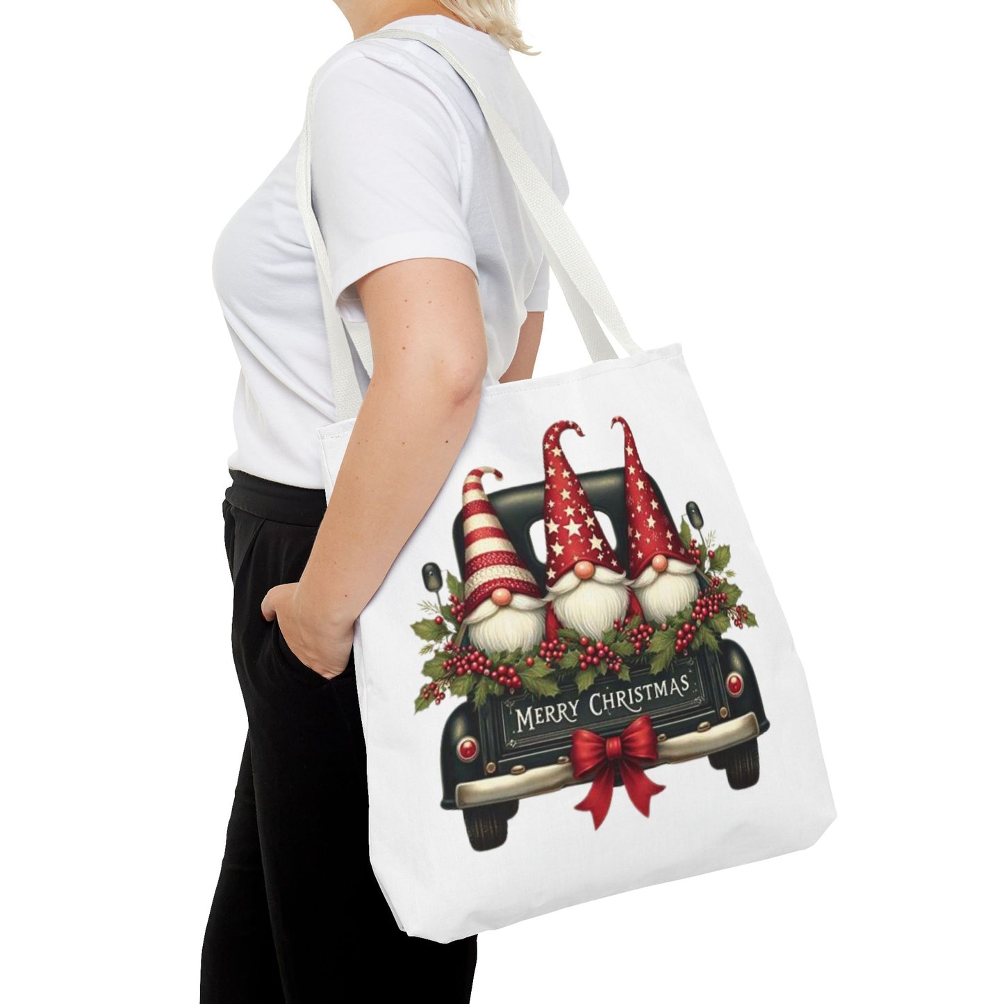 3 Christmas Gnomes in Truck Tote Bag, Fun Holiday Gift
