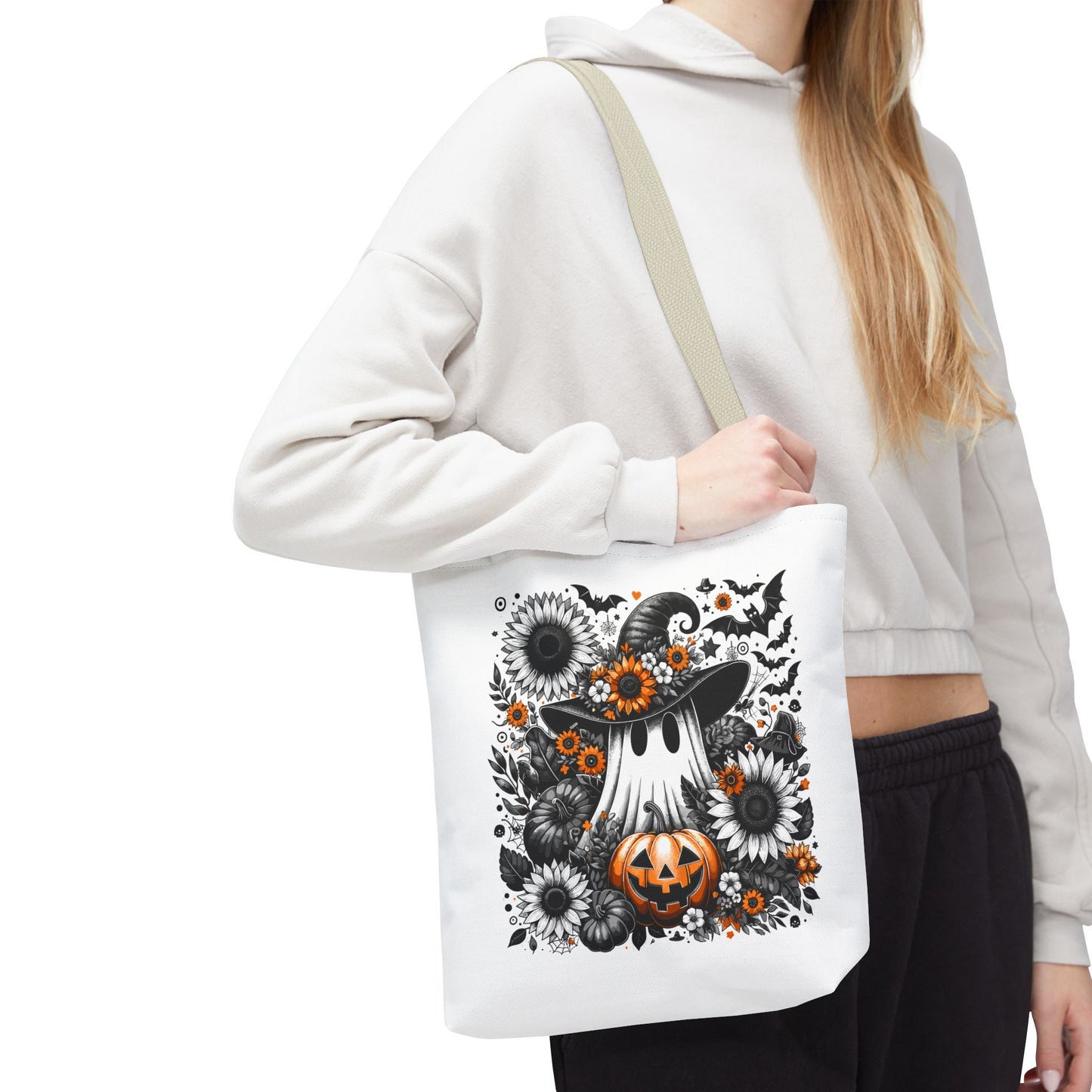 Whimsical Halloween Tote Bag, Pumpkin Ghost Design,