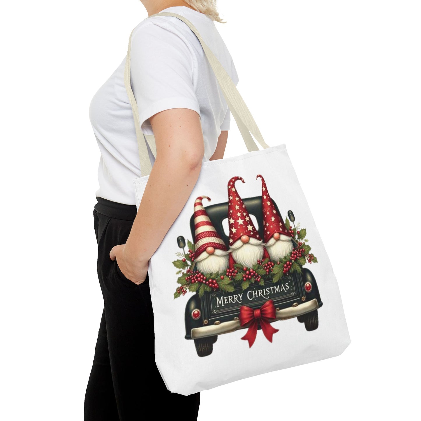 3 Christmas Gnomes in Truck Tote Bag, Fun Holiday Gift