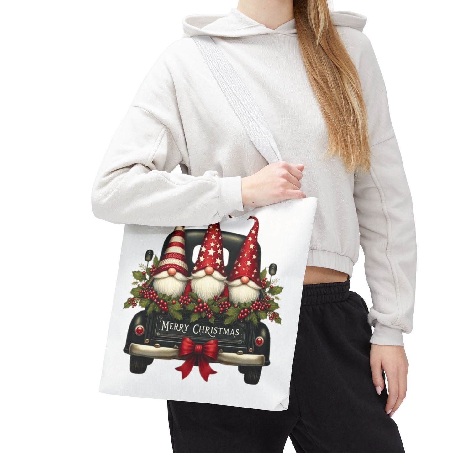 3 Christmas Gnomes in Truck Tote Bag, Fun Holiday Gift