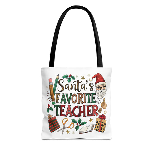 Santa's Favorite Teacher Tote Bag, Christmas Gift, Teacher Appreciation