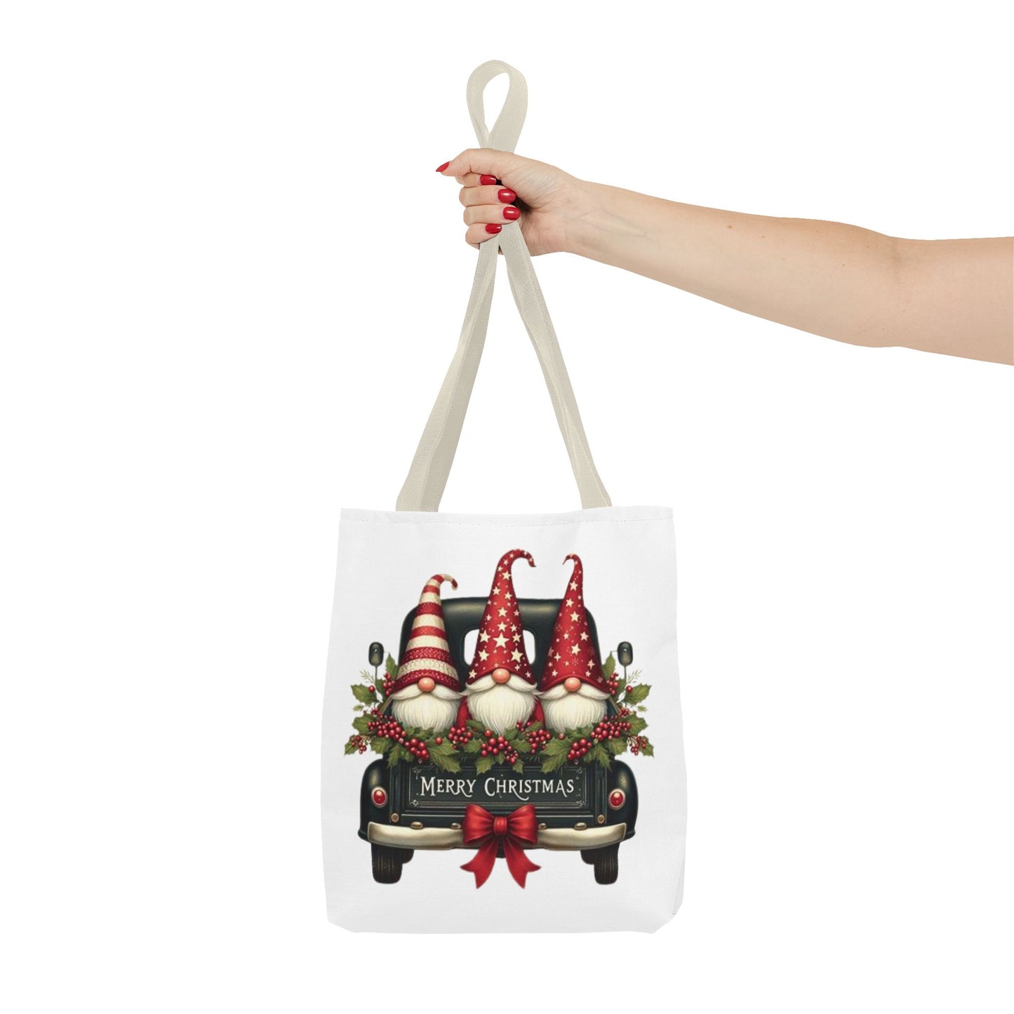 3 Christmas Gnomes in Truck Tote Bag, Fun Holiday Gift