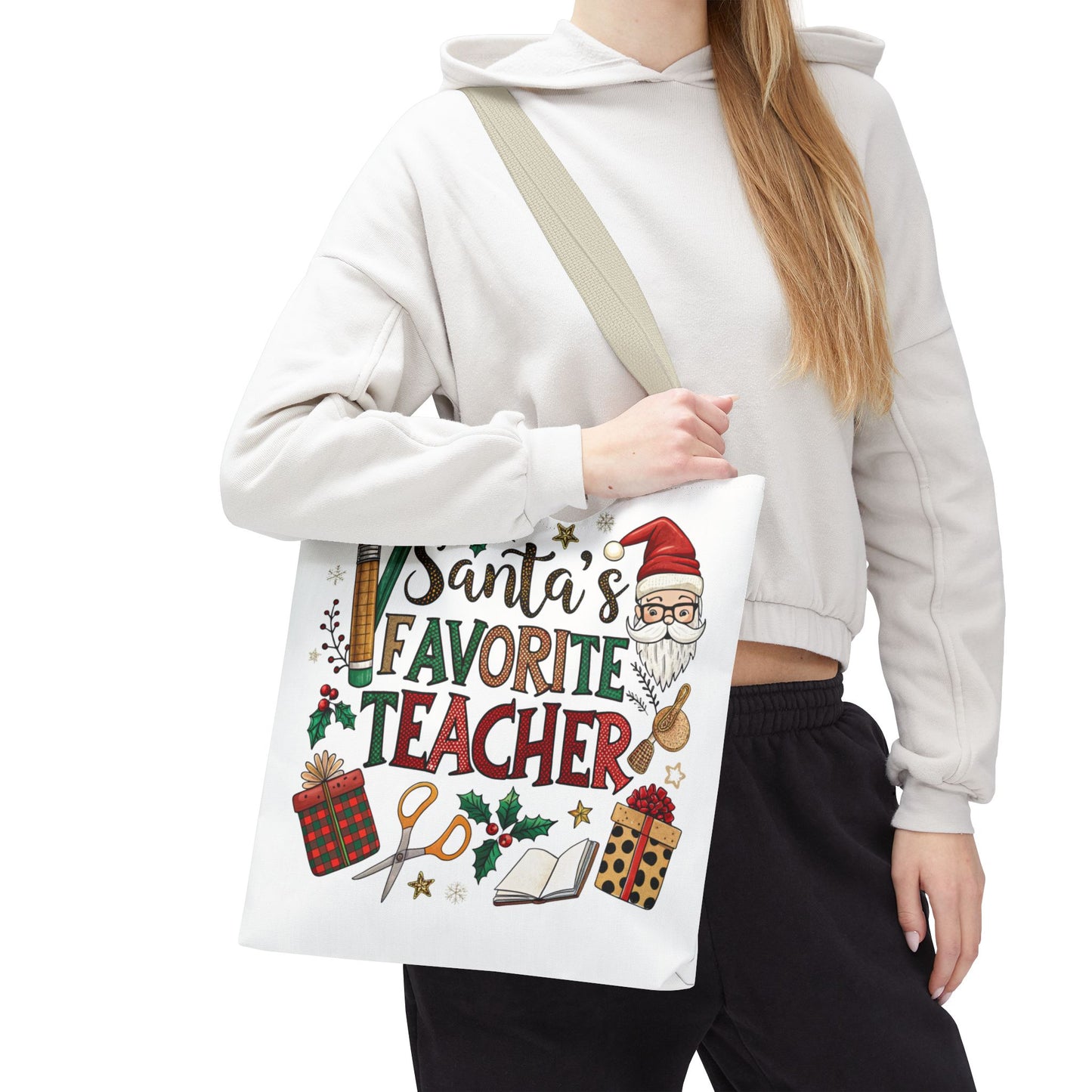 Santa's Favorite Teacher Tote Bag, Christmas Gift, Teacher Appreciation