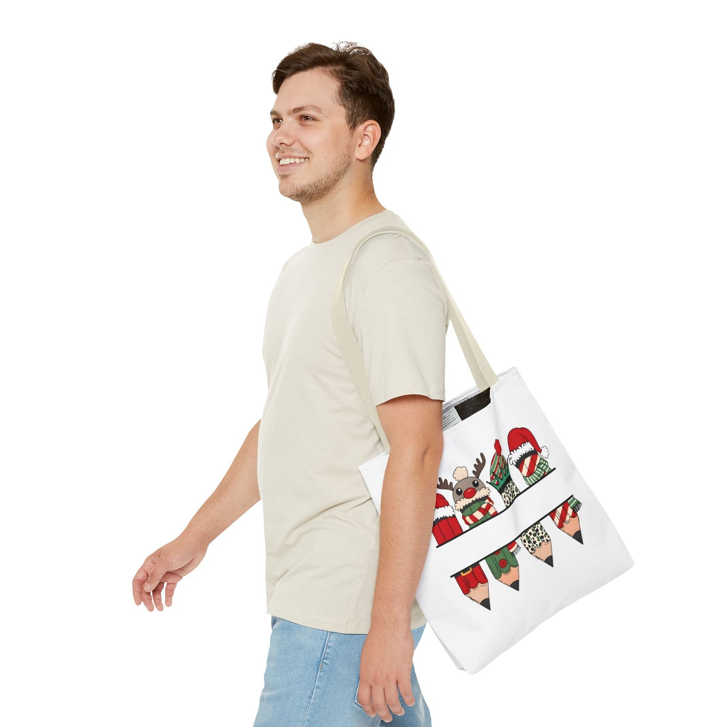 Festive Pencil Reindeer Tote Bag, Holiday Shopping Bag, Christmas Gift Tote, Teacher Appreciation, Winter Decor, Eco-Friendly Bag