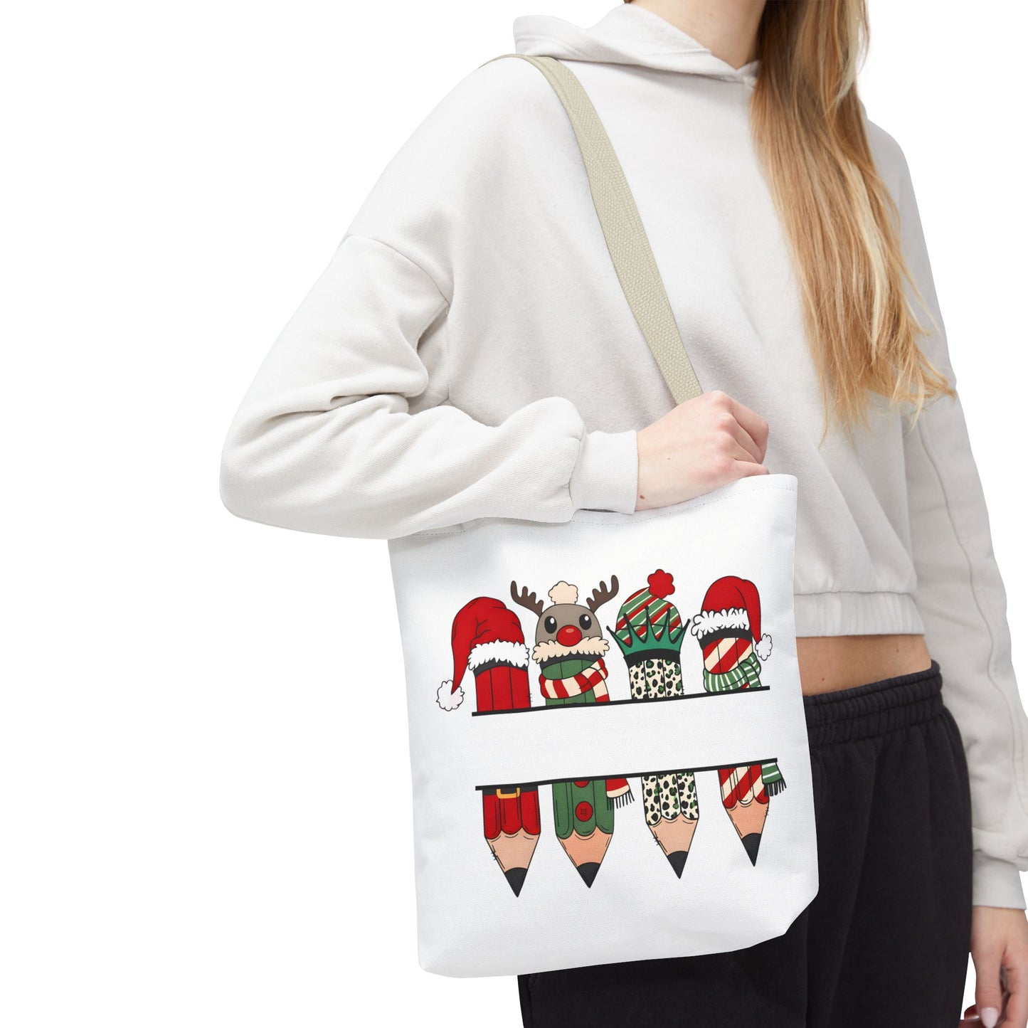 Festive Pencil Reindeer Tote Bag, Holiday Shopping Bag, Christmas Gift Tote, Teacher Appreciation, Winter Decor, Eco-Friendly Bag