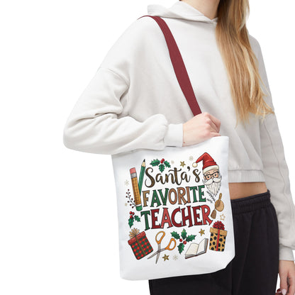 Santa's Favorite Teacher Tote Bag, Christmas Gift, Teacher Appreciation