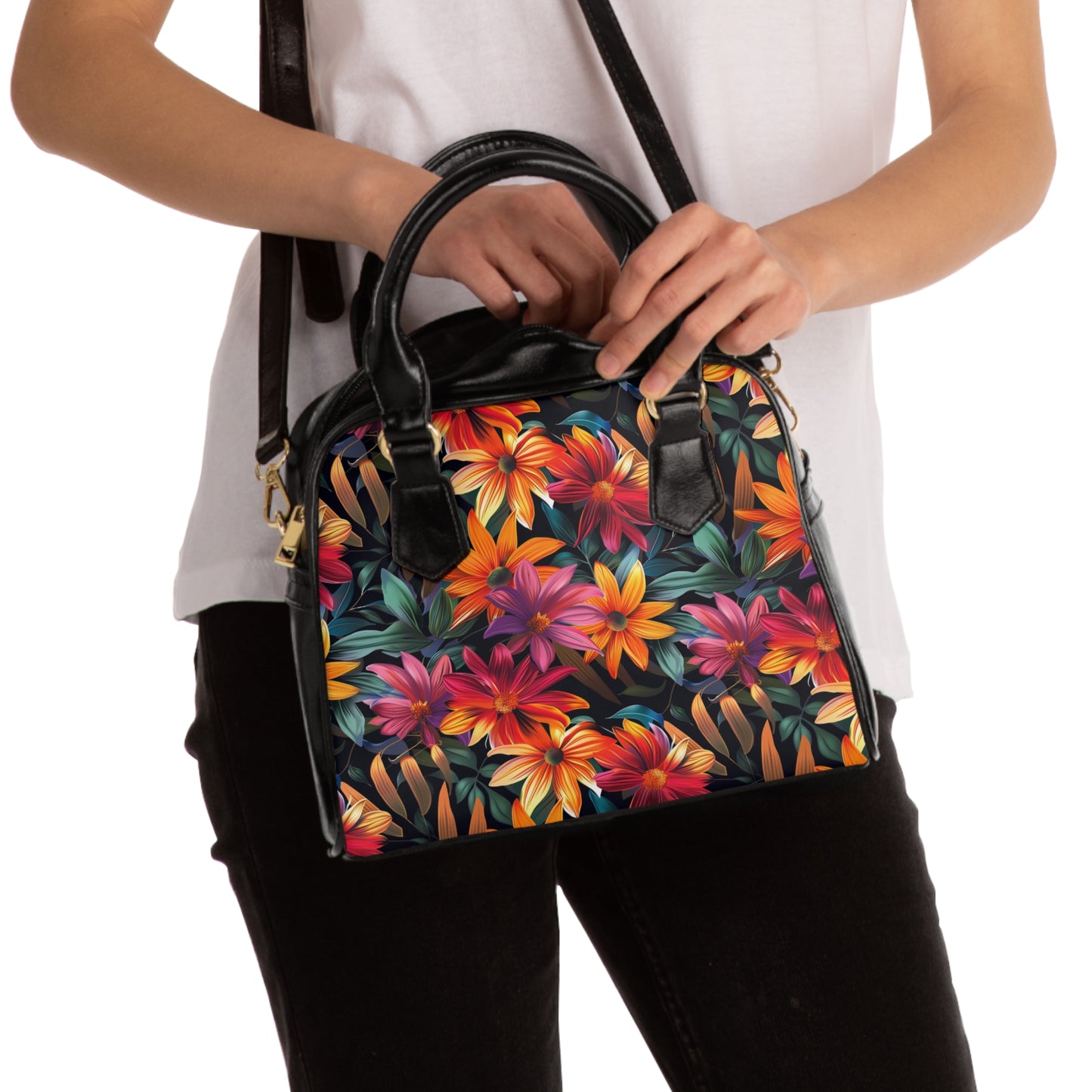 Vibrant Tropical Lily Print Shoulder Handbag