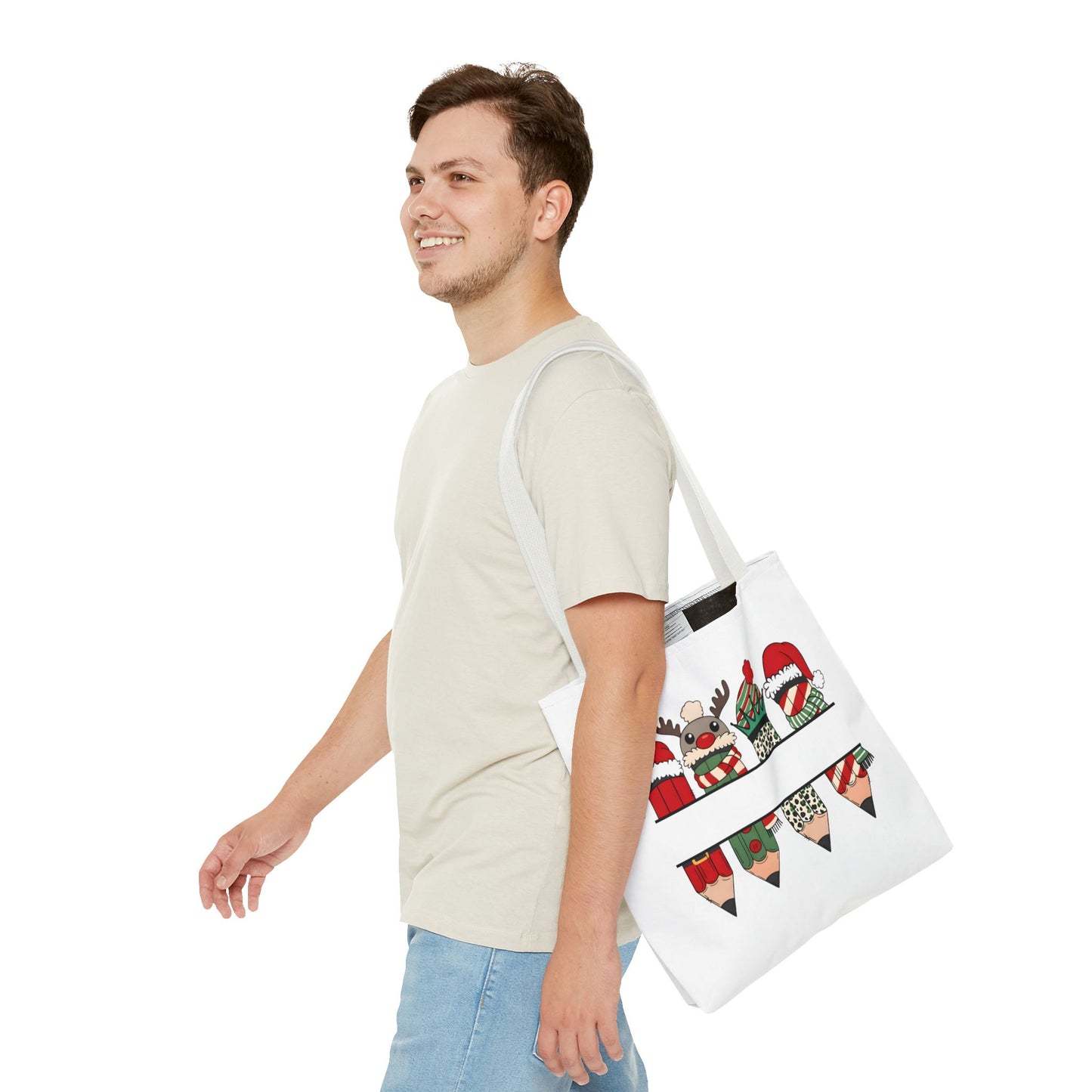 Festive Pencil Reindeer Tote Bag, Holiday Shopping Bag, Christmas Gift Tote, Teacher Appreciation, Winter Decor, Eco-Friendly Bag
