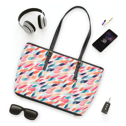 Abstract Watercolor Feather Print Shoulder Bag — Colorful PU Leather Tote