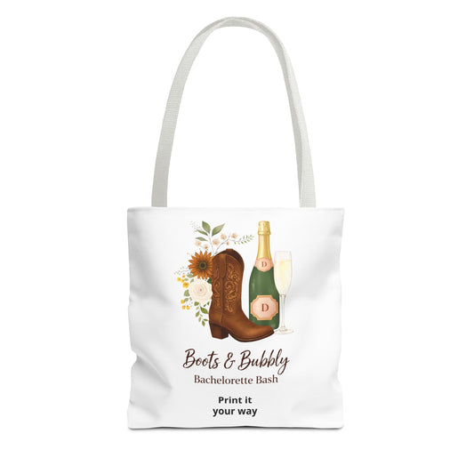 Bachelorette Boots & Bubbly Tote Bag — Champagne & Cowgirl Party Shopper
