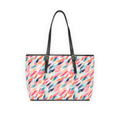 Abstract Watercolor Feather Print Shoulder Bag — Colorful PU Leather Tote