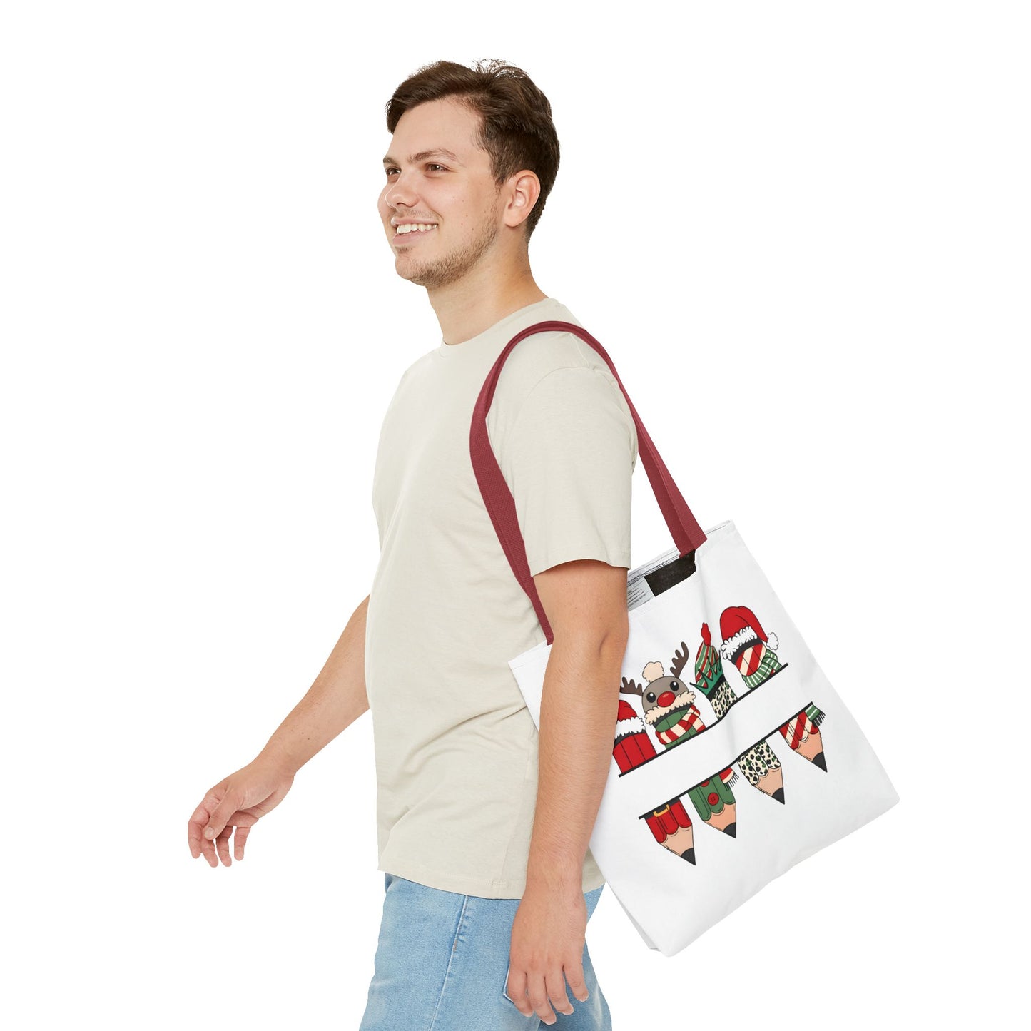 Festive Pencil Reindeer Tote Bag, Holiday Shopping Bag, Christmas Gift Tote, Teacher Appreciation, Winter Decor, Eco-Friendly Bag