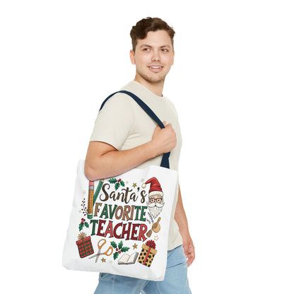 Santa's Favorite Teacher Tote Bag, Christmas Gift, Teacher Appreciation