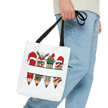 Festive Pencil Reindeer Tote Bag, Holiday Shopping Bag, Christmas Gift Tote, Teacher Appreciation, Winter Decor, Eco-Friendly Bag