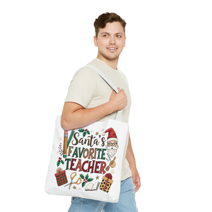 Santa's Favorite Teacher Tote Bag, Christmas Gift, Teacher Appreciation