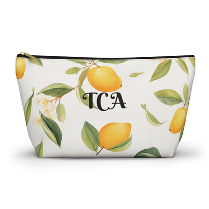 Personalized Lemon Print Accessory Pouch, T‑Bottom Cosmetic Bag with Name