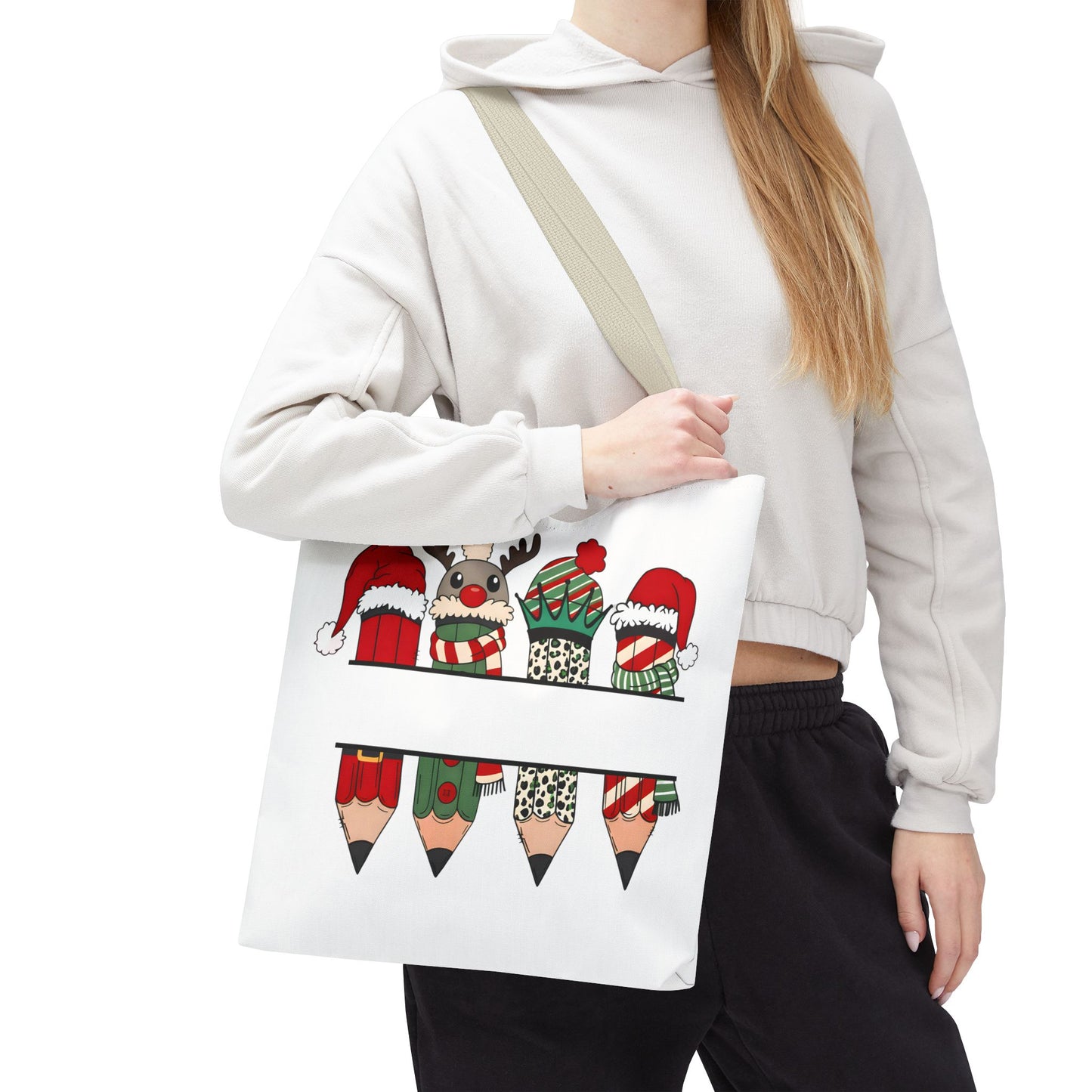 Festive Pencil Reindeer Tote Bag, Holiday Shopping Bag, Christmas Gift Tote, Teacher Appreciation, Winter Decor, Eco-Friendly Bag