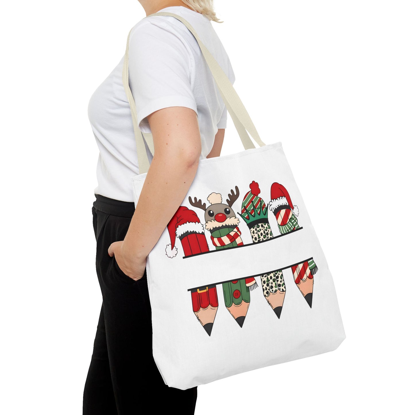 Festive Pencil Reindeer Tote Bag, Holiday Shopping Bag, Christmas Gift Tote, Teacher Appreciation, Winter Decor, Eco-Friendly Bag