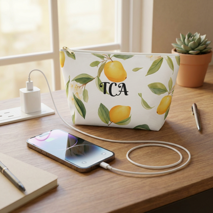 Personalized Lemon Print Accessory Pouch, T‑Bottom Cosmetic Bag with Name