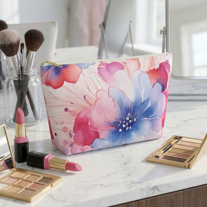Floral Watercolor Accessory Pouch, Pink & Blue Cosmetic Bag