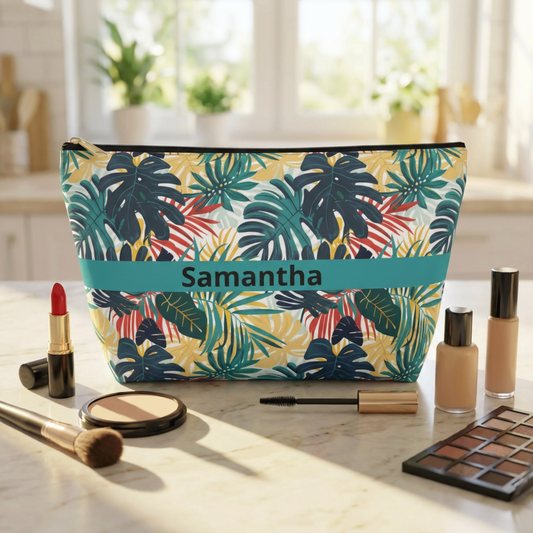 Personalized Tropical Leaf Accessory Pouch — Custom Name Makeup Bag