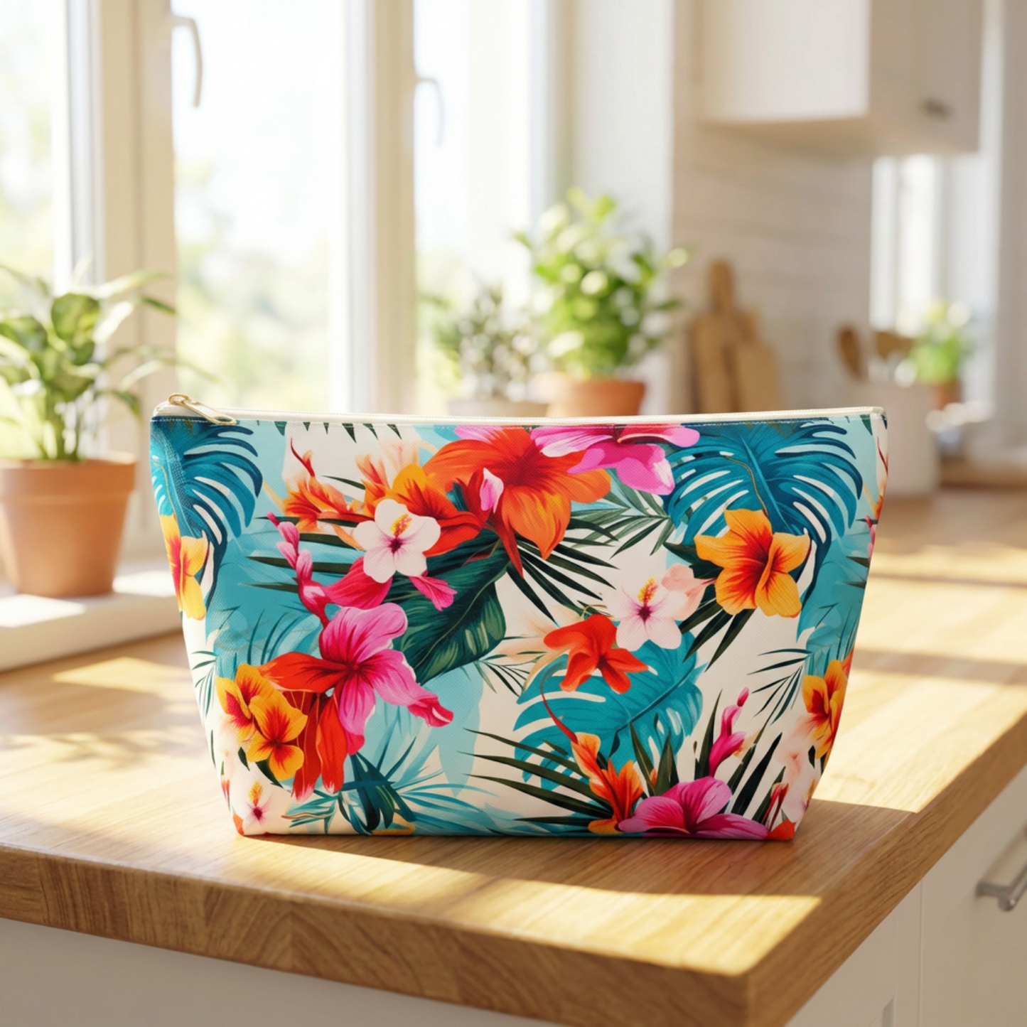 Tropical Floral Accessory Pouch – Hawaiian Makeup Bag with T‑Bottom