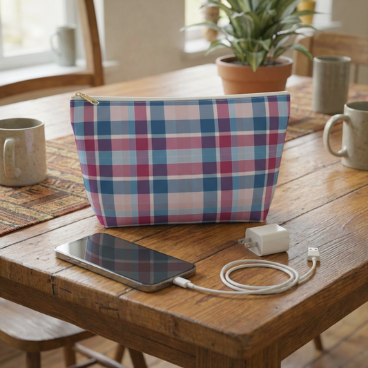 Plaid Accessory Pouch, Pink & Navy T-Bottom Cosmetic Bag